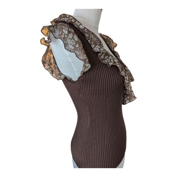 Wrap effect body fit silk blend Mocha brown top stretchy with silk raffl… - Picture 14 of 14